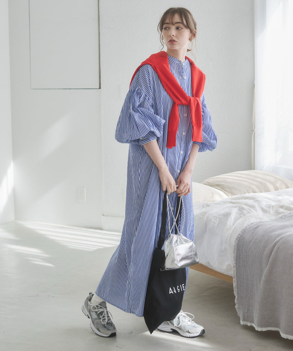 ギャザースリーブシャツワンピース