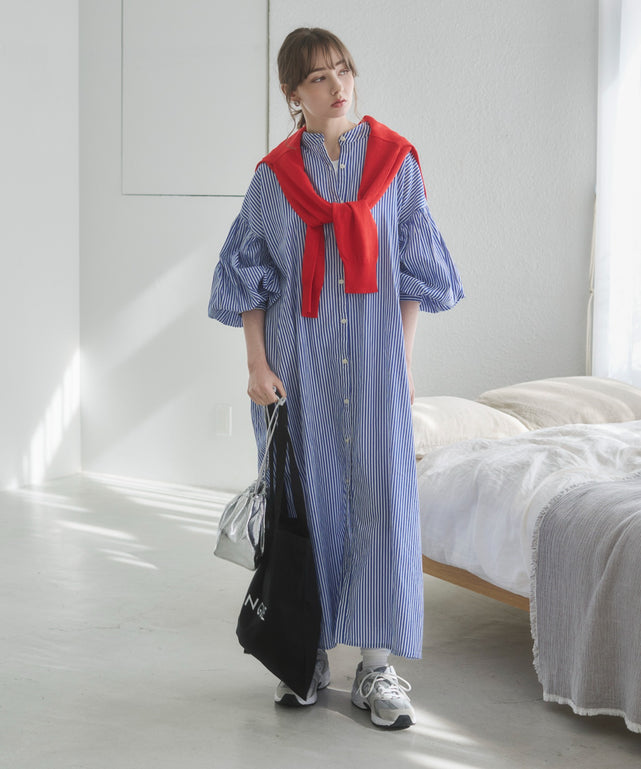 ギャザースリーブシャツワンピース