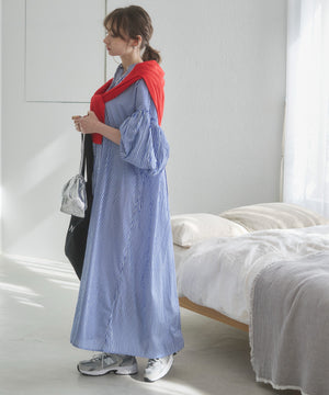 ギャザースリーブシャツワンピース