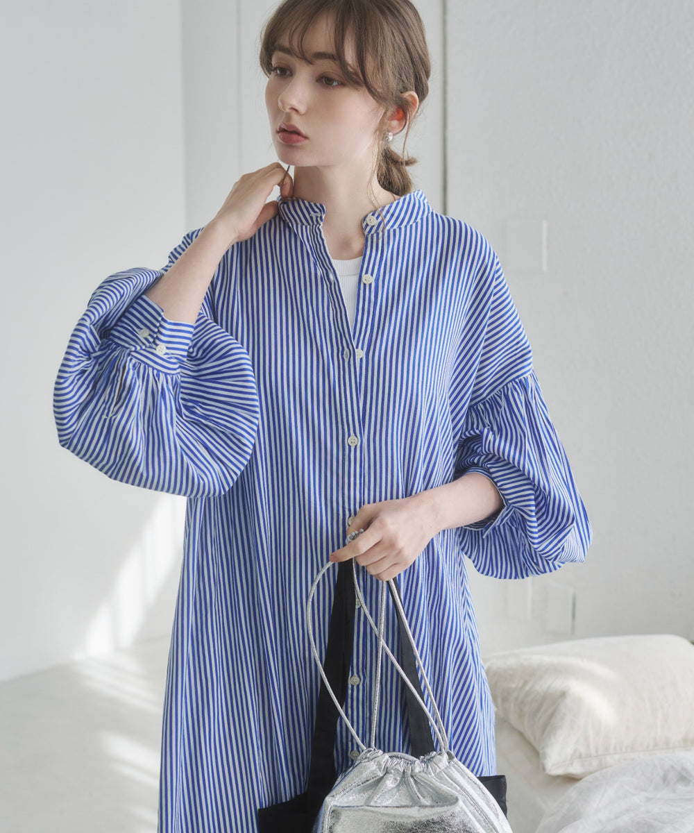 ギャザースリーブシャツワンピース