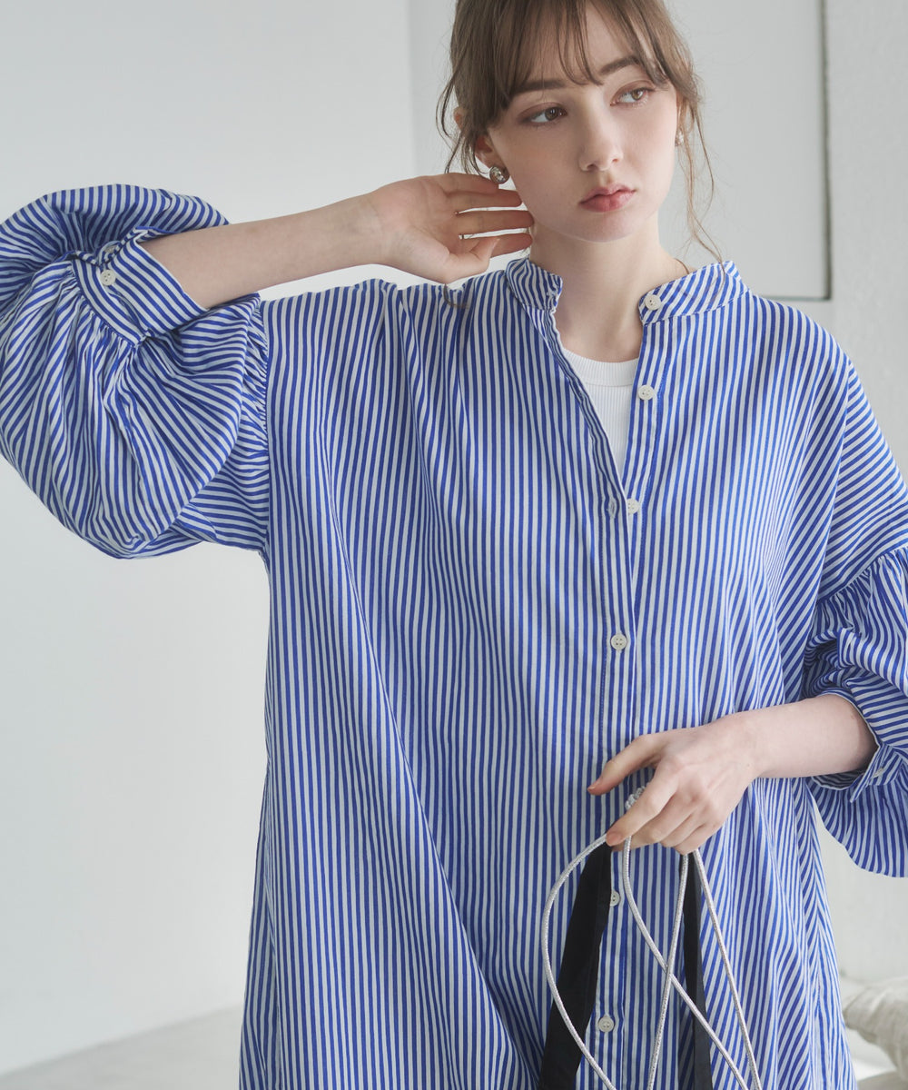 ギャザースリーブシャツワンピース