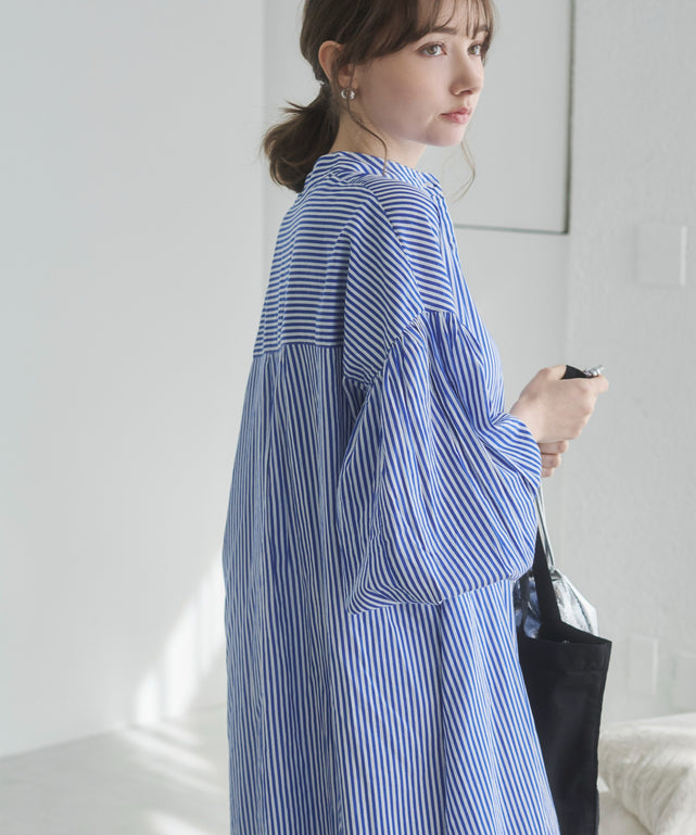 ギャザースリーブシャツワンピース