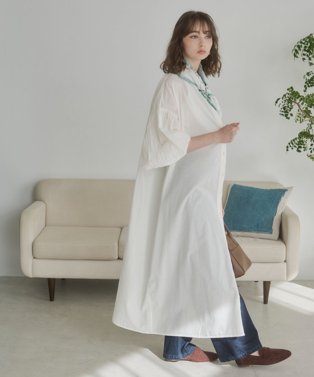 ギャザースリーブシャツワンピース