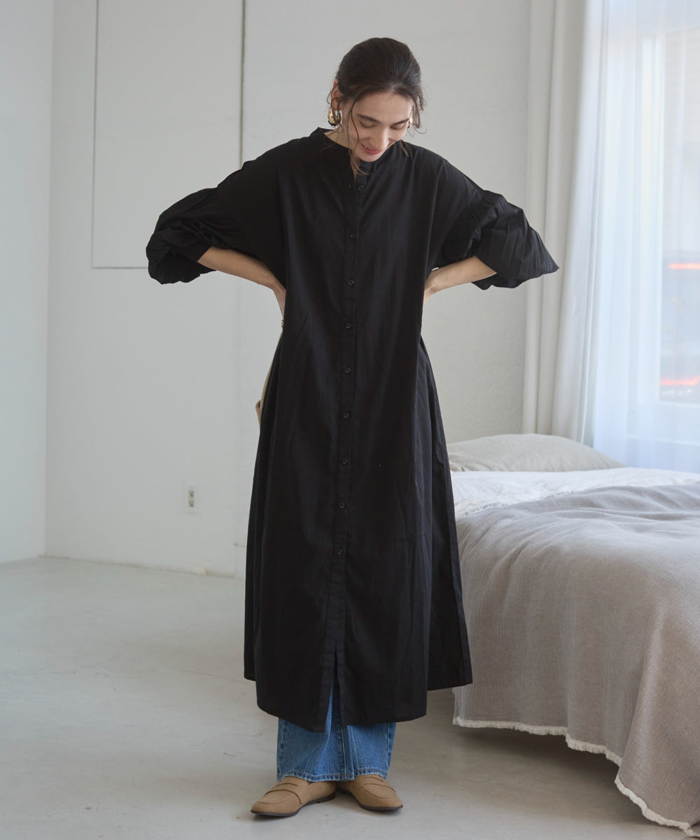 ギャザースリーブシャツワンピース