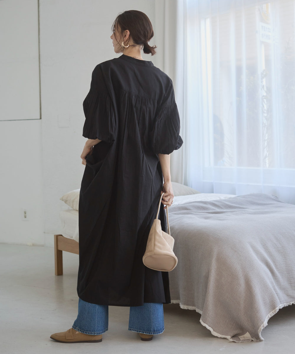ギャザースリーブシャツワンピース