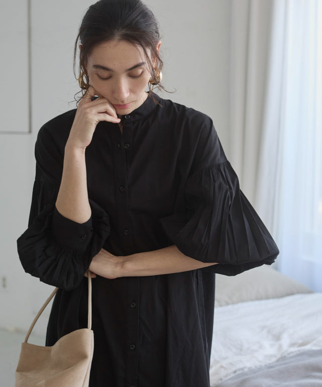 ギャザースリーブシャツワンピース