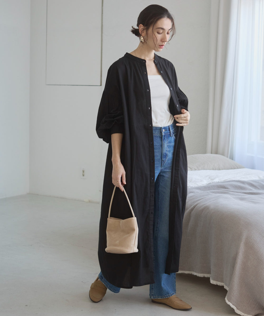 ギャザースリーブシャツワンピース