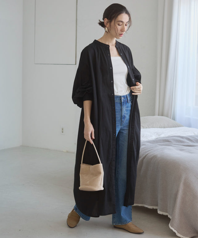 ギャザースリーブシャツワンピース