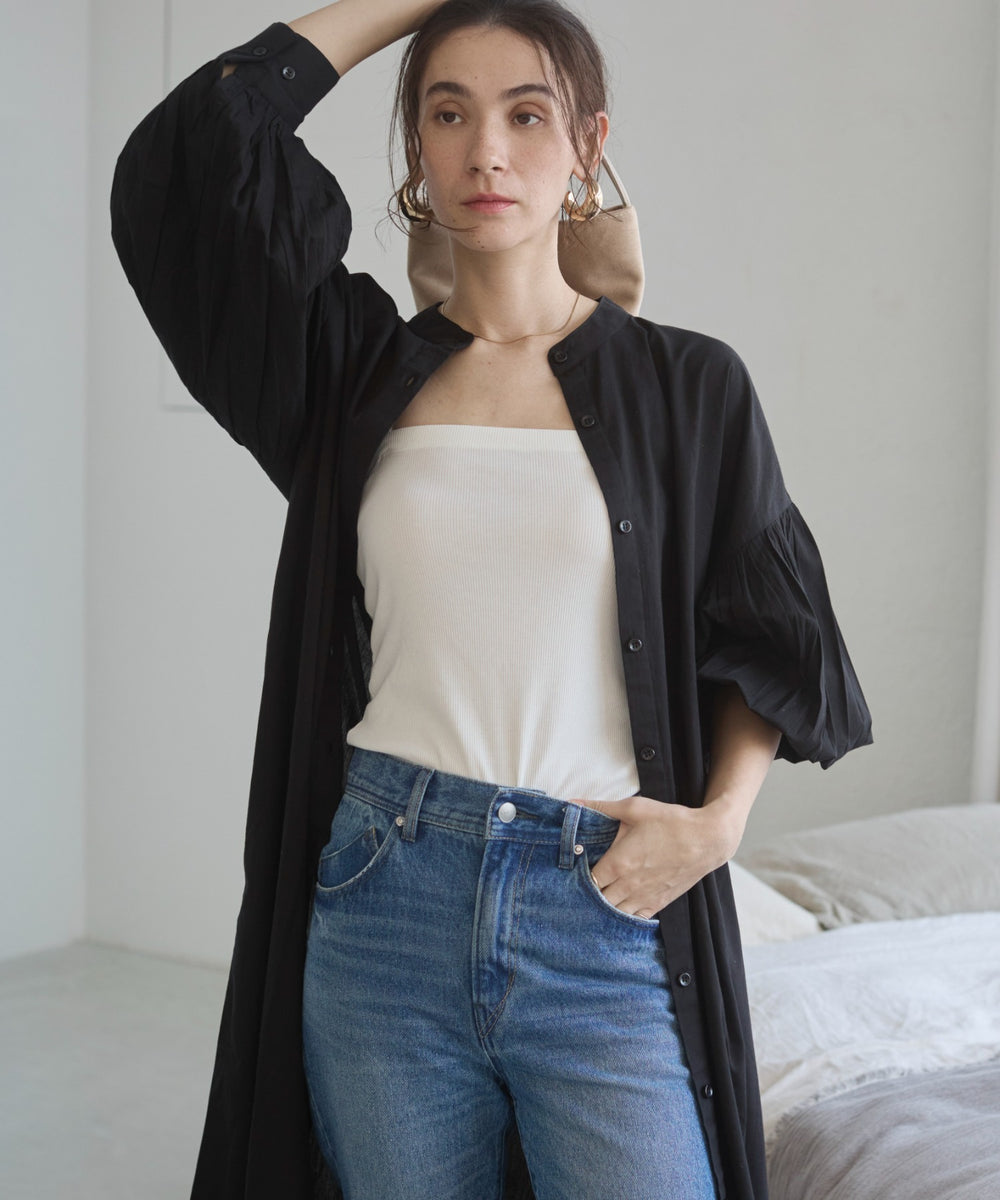 ギャザースリーブシャツワンピース