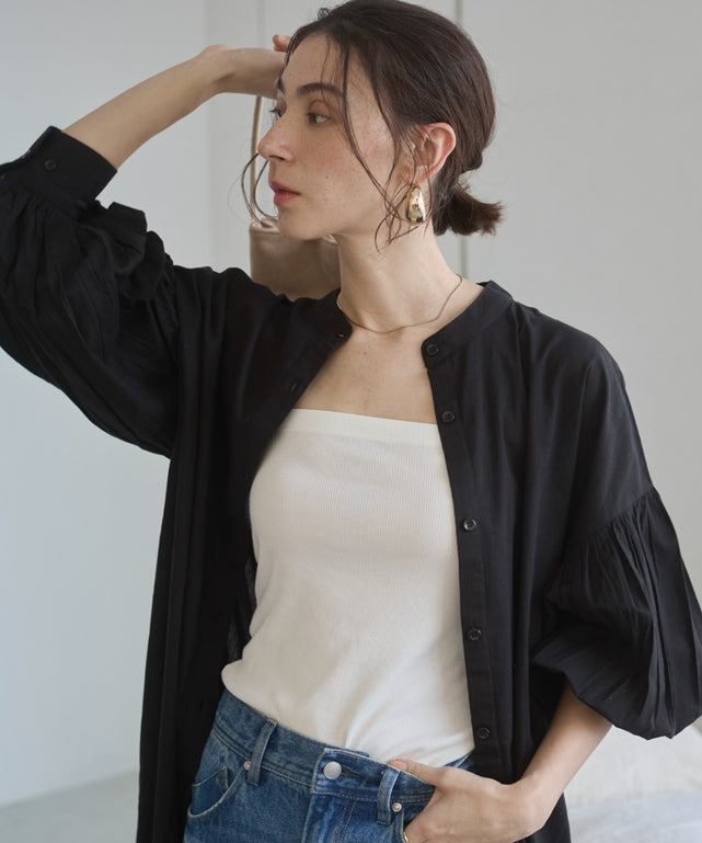 ギャザースリーブシャツワンピース