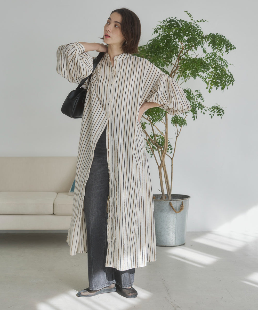 ギャザースリーブシャツワンピース