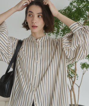 ギャザースリーブシャツワンピース