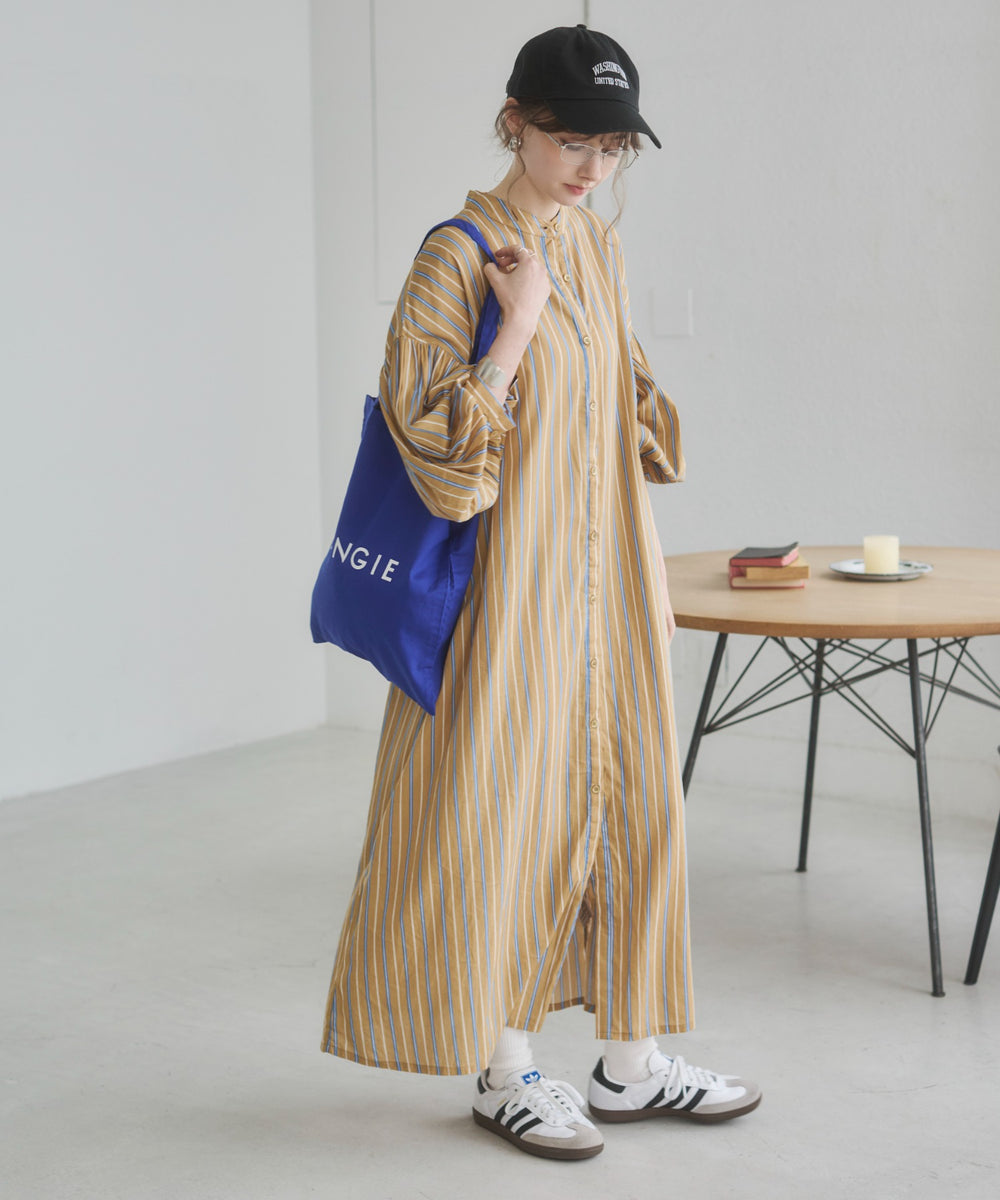 ギャザースリーブシャツワンピース