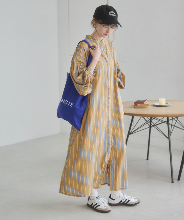 ギャザースリーブシャツワンピース