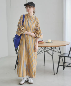 ギャザースリーブシャツワンピース