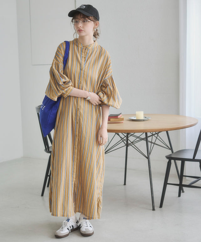 ギャザースリーブシャツワンピース