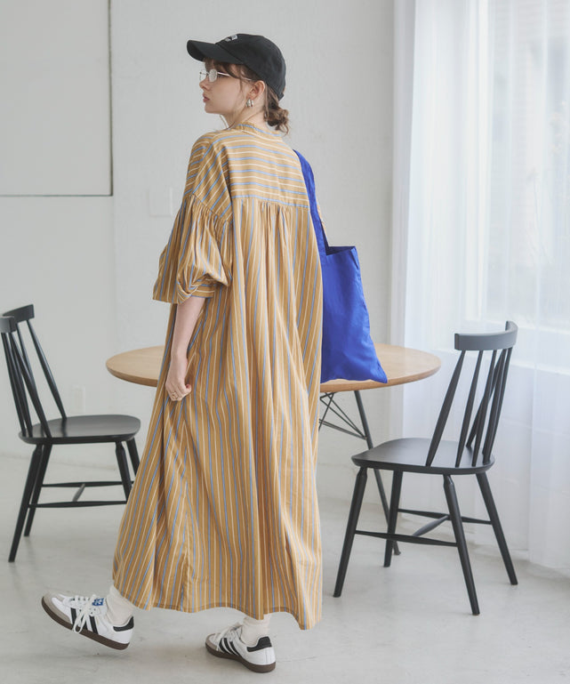 ギャザースリーブシャツワンピース