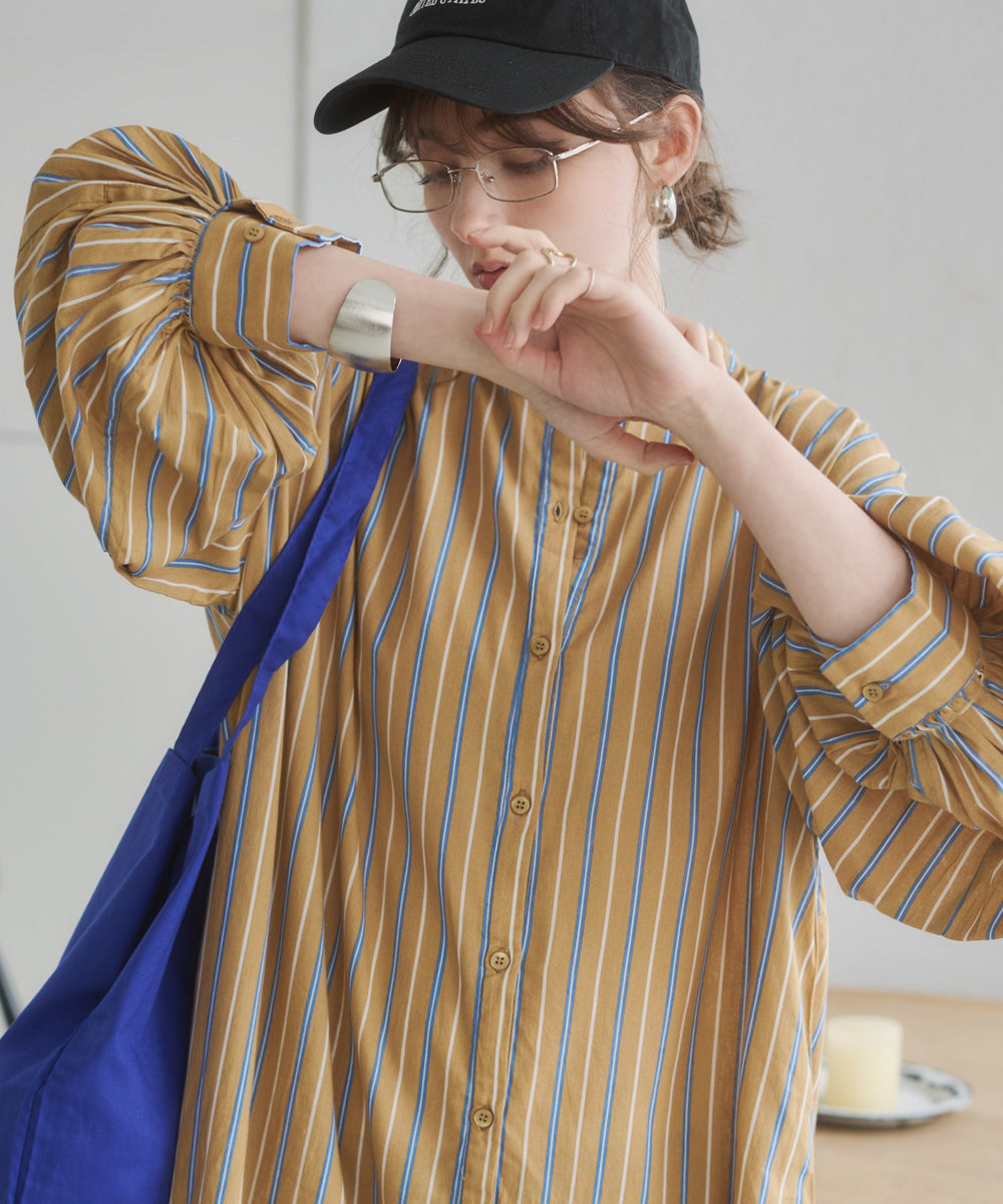 ギャザースリーブシャツワンピース