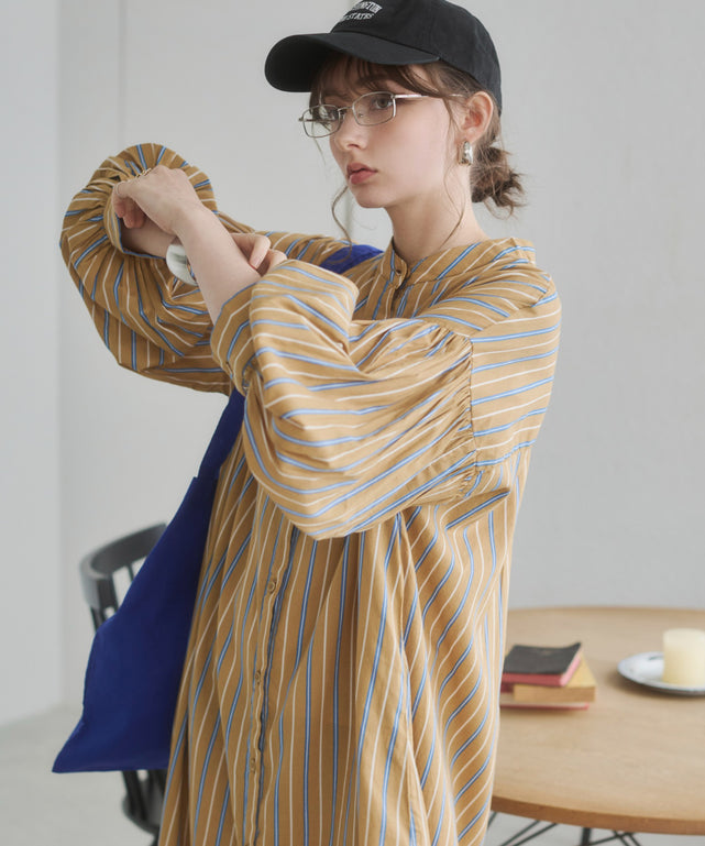 ギャザースリーブシャツワンピース