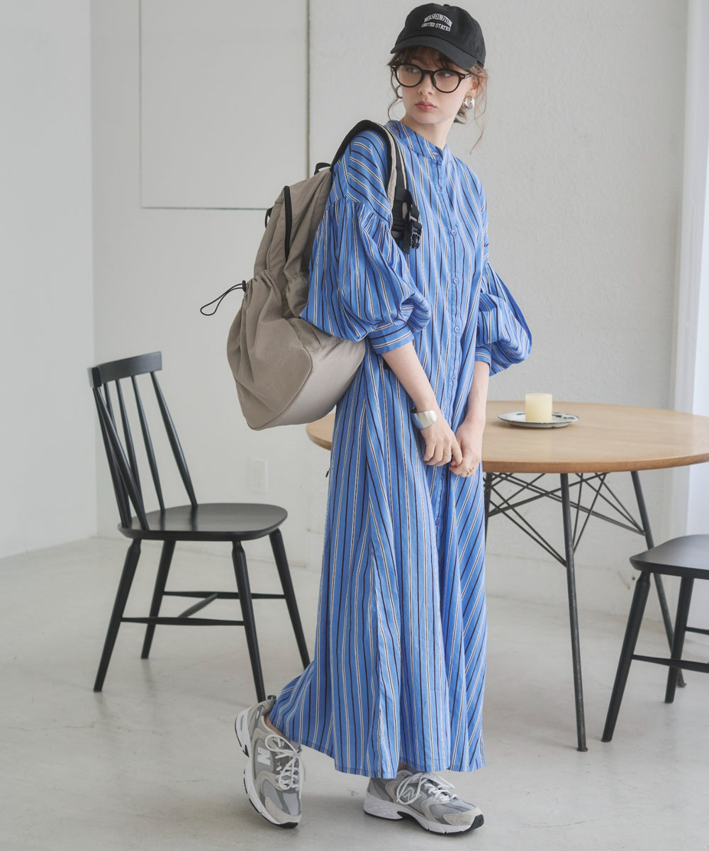 ギャザースリーブシャツワンピース