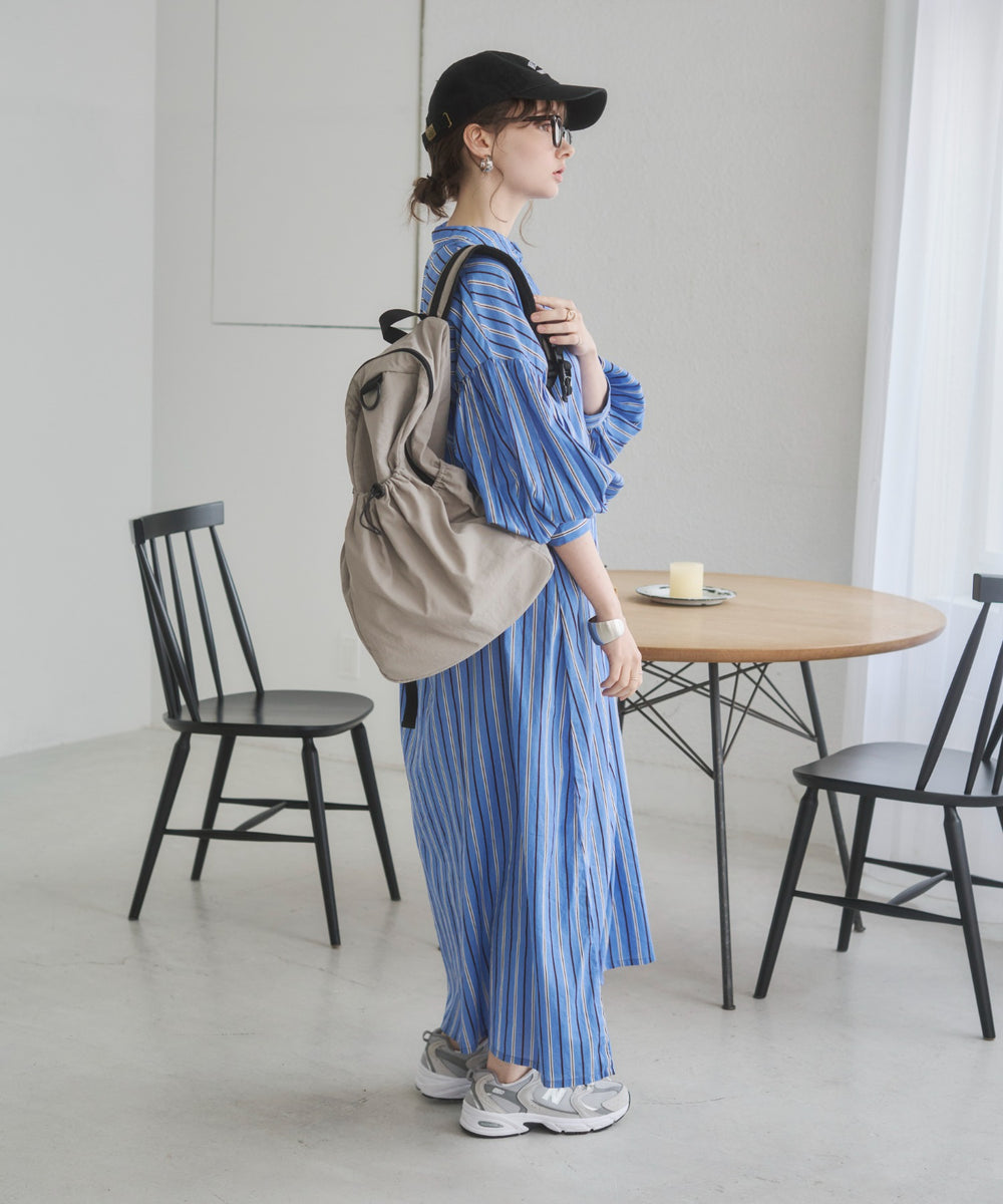 ギャザースリーブシャツワンピース