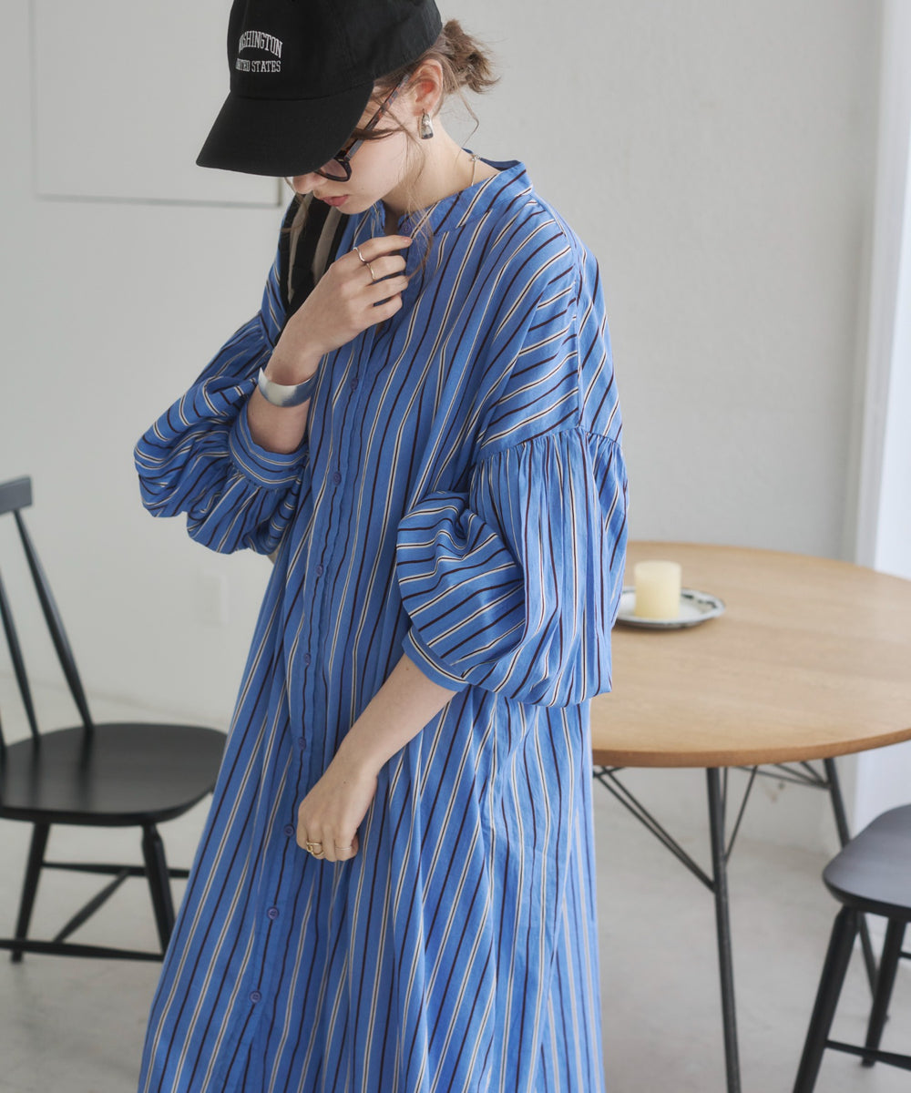 ギャザースリーブシャツワンピース