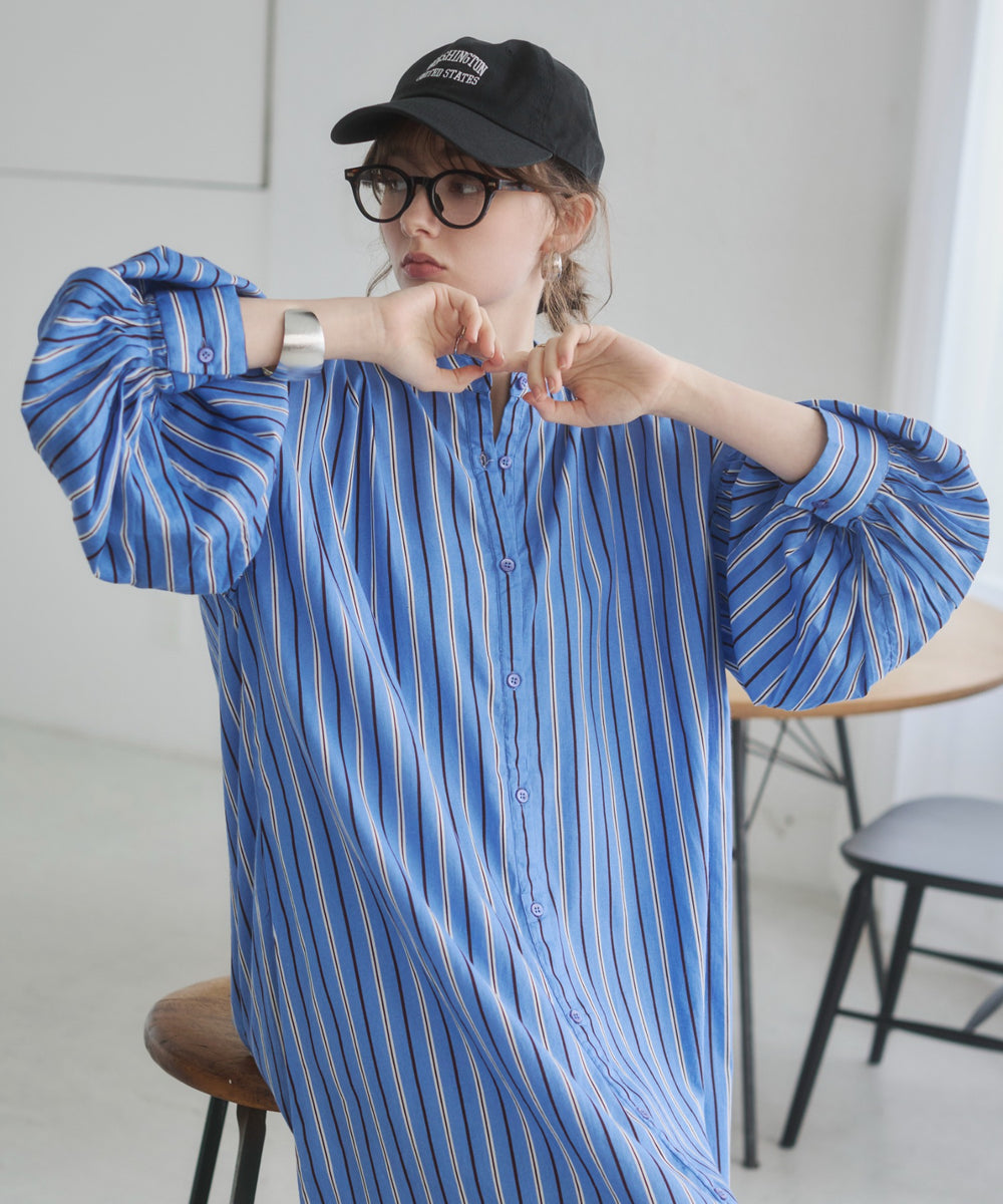 ギャザースリーブシャツワンピース