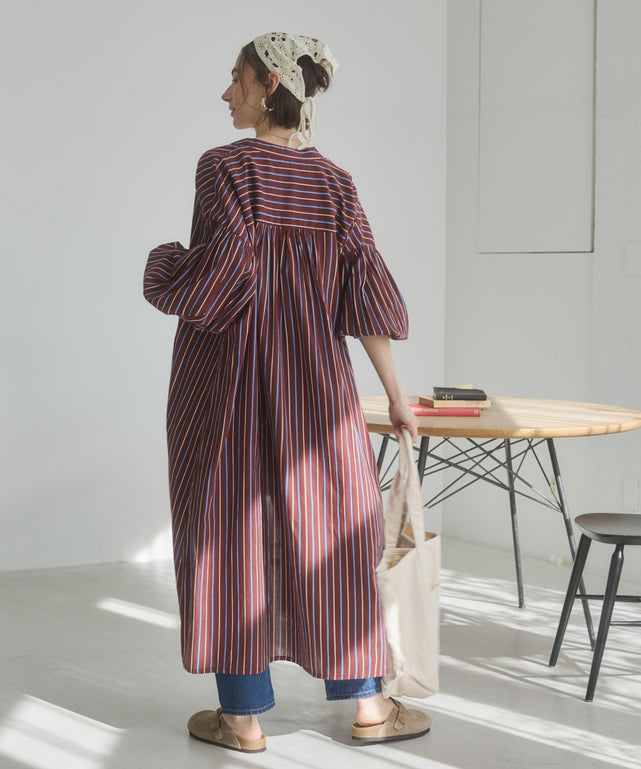 ギャザースリーブシャツワンピース