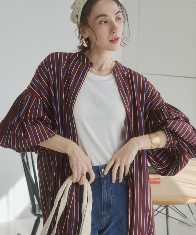 ギャザースリーブシャツワンピース