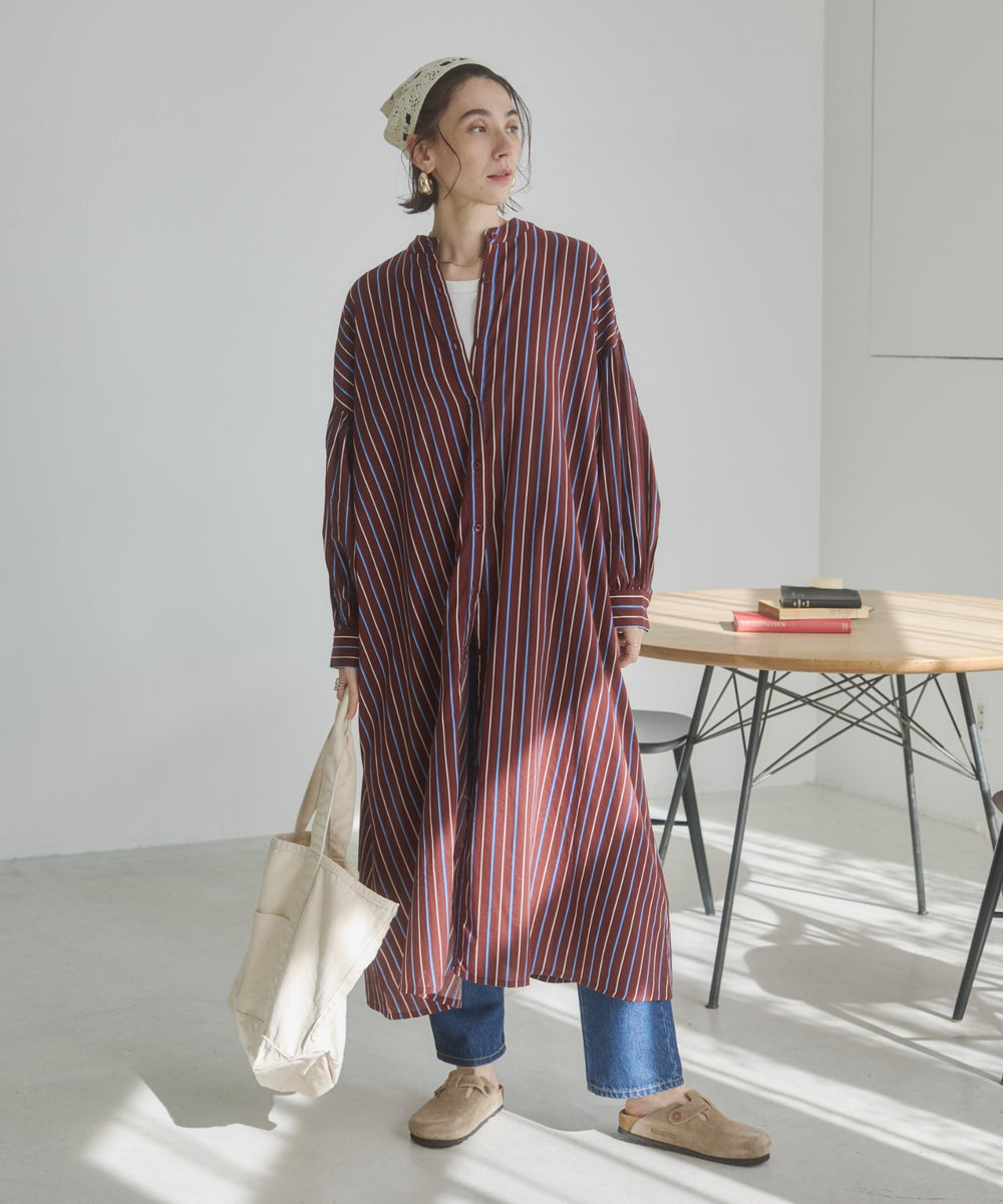 ギャザースリーブシャツワンピース