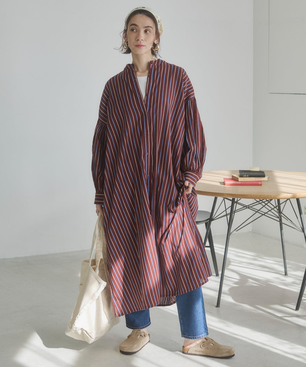 ギャザースリーブシャツワンピース