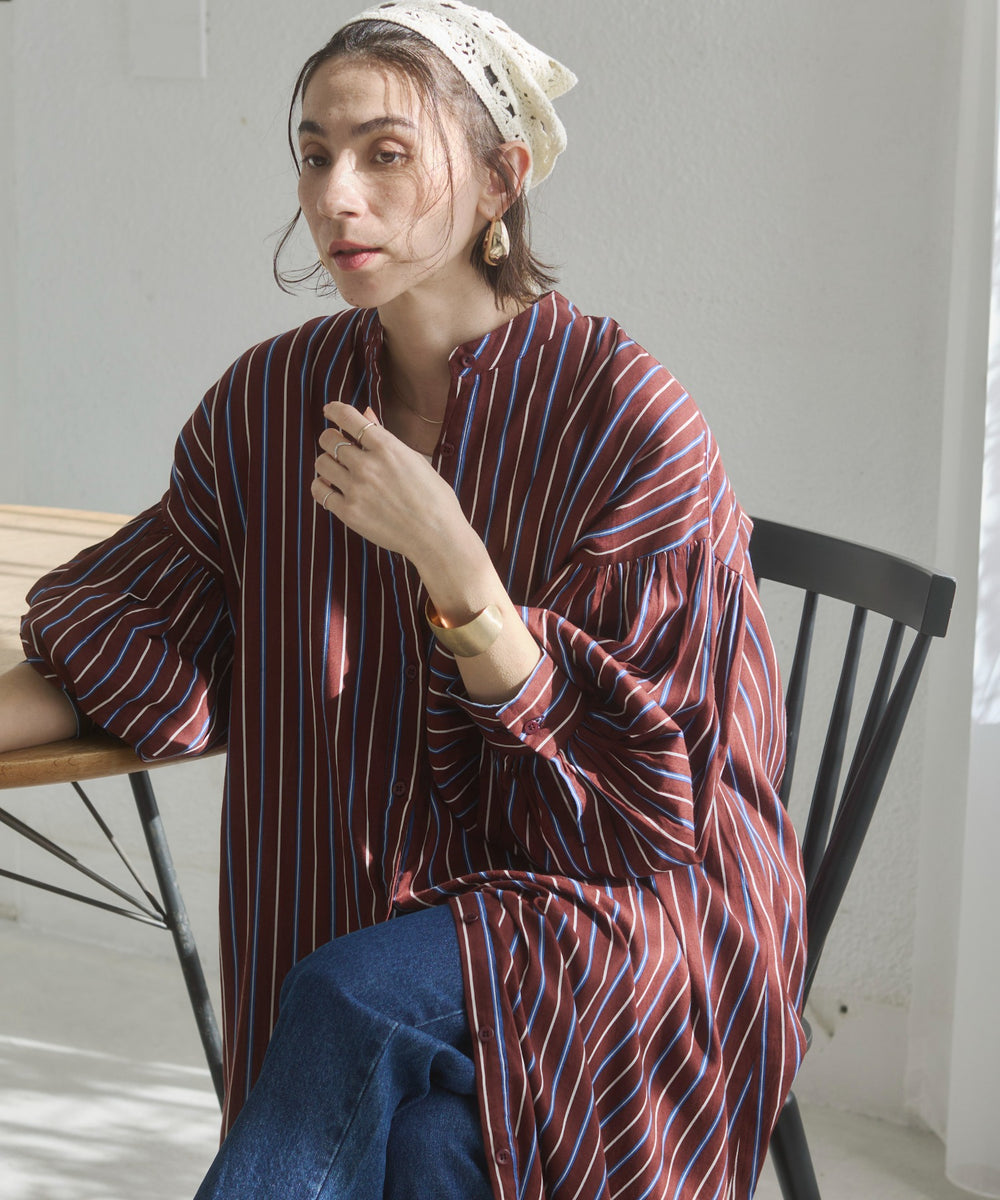 ギャザースリーブシャツワンピース