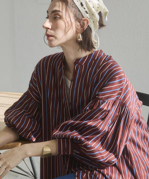 ギャザースリーブシャツワンピース