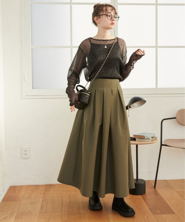 ハイウエストタックフレアスカート/カーキ