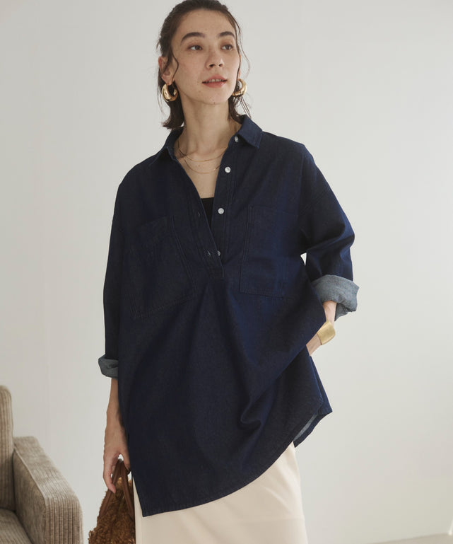 デニムチュニックシャツ/ネイビー【レギュラーカラー】model：168cm 着用サイズ：F