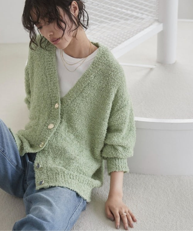 リボンヤーン　オフホワイトカーディガン VIS｜リボンヤーンジップリブネックカーディガン | Rakuten Fashion