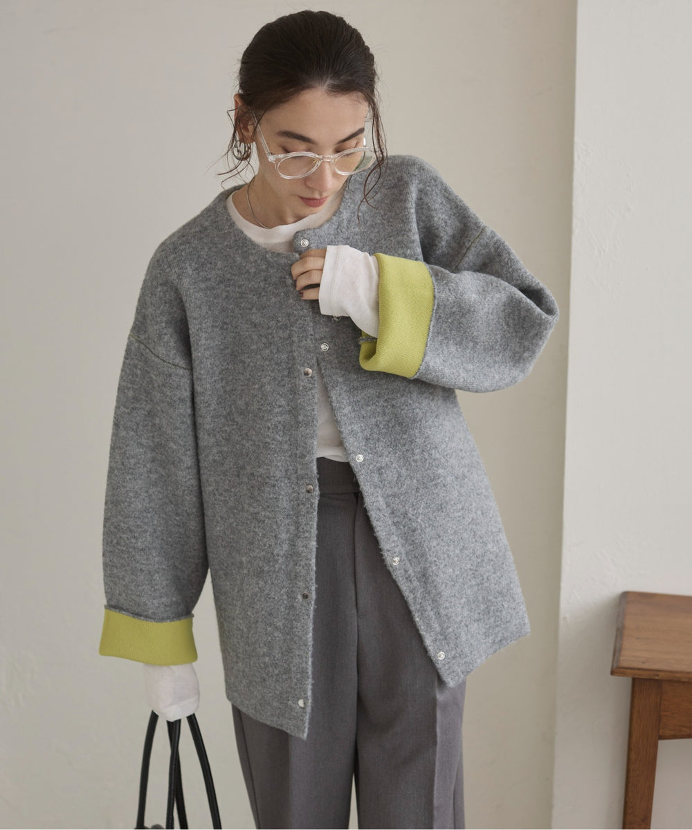 ノーカラーニットコート