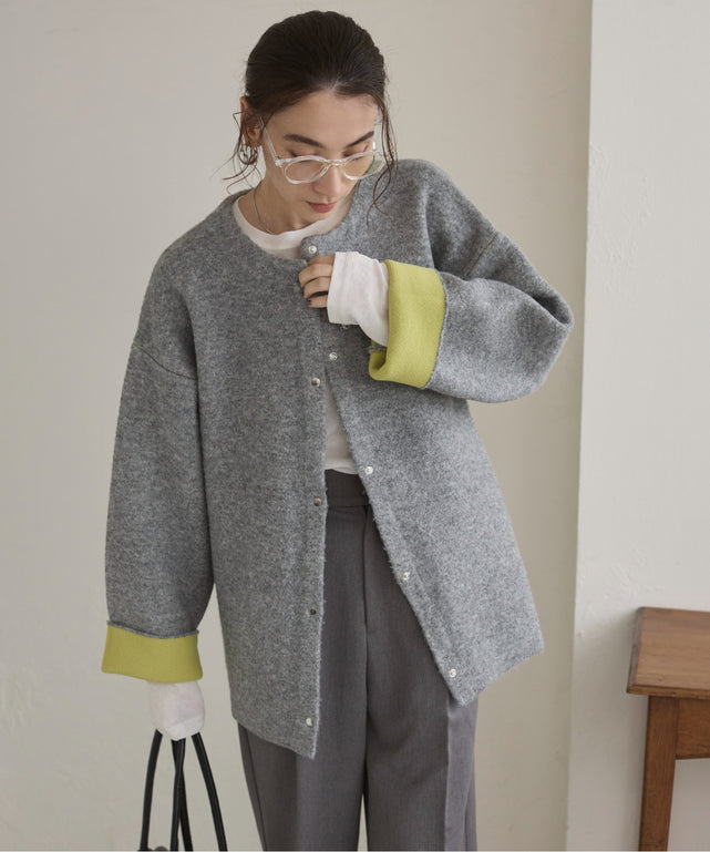 ノーカラーニットコート