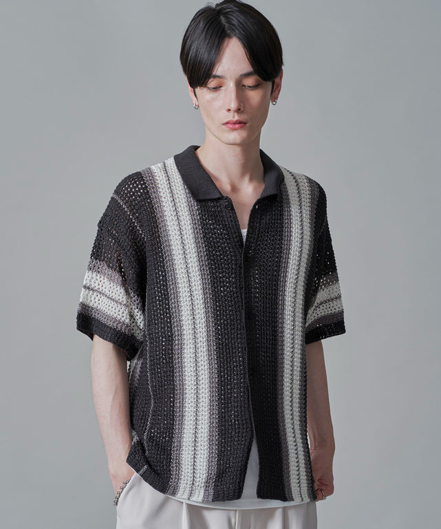 ラインニットシャツ（SS）/チャコール　モデル：180㎝　L着用