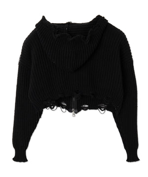 刺繍ダメージニットWZIPパーカー