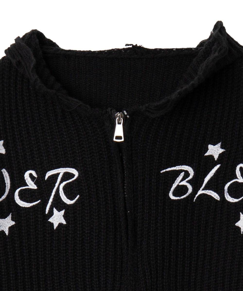 刺繍ダメージニットWZIPパーカー