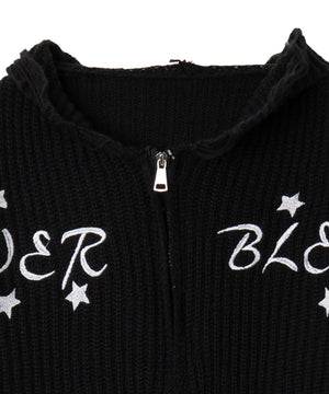 刺繍ダメージニットWZIPパーカー