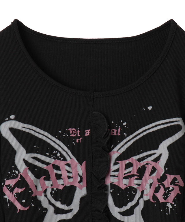 バタフライプリントフリルトップス