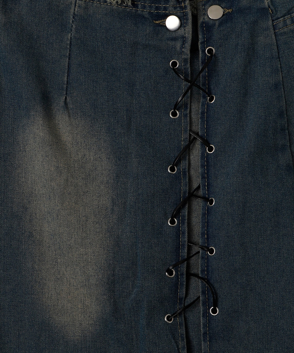 レースアップデニムロングスカート