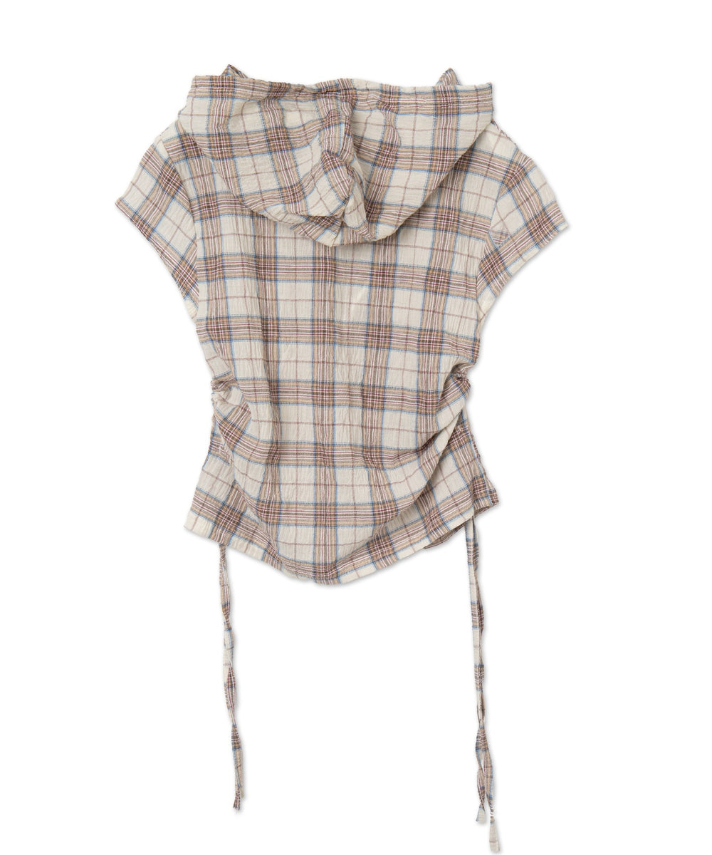 シャーリングリネンフードチェックシャツ