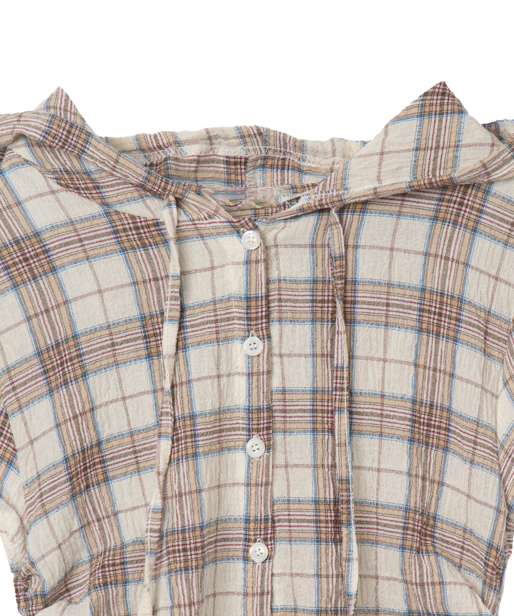 シャーリングリネンフードチェックシャツ