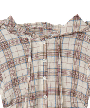 シャーリングリネンフードチェックシャツ