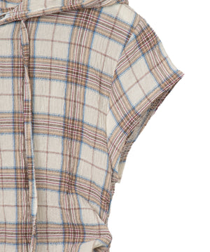 シャーリングリネンフードチェックシャツ