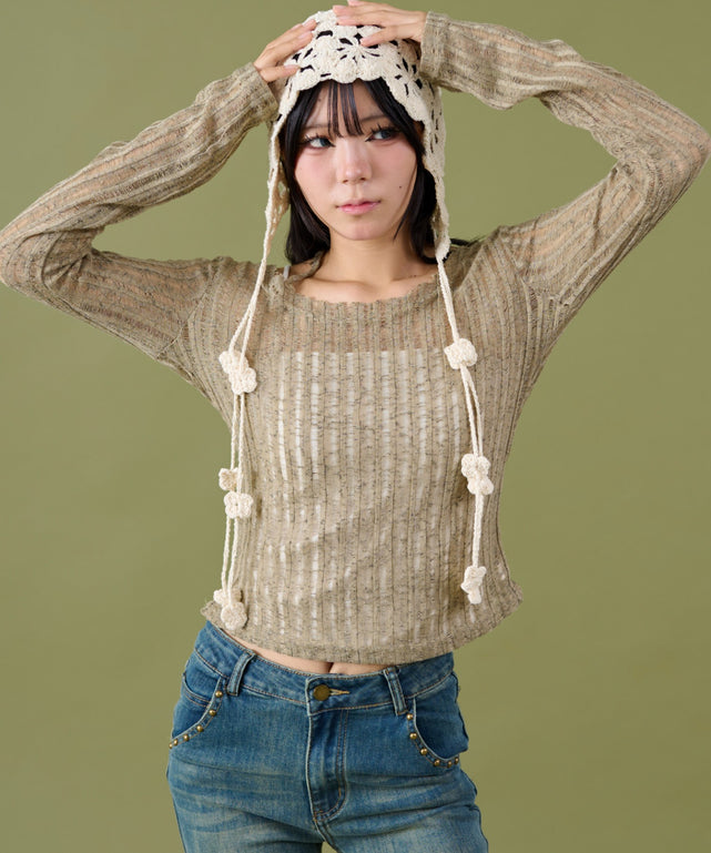 チョーカーデザインニット/カーキ モデル：160cm F着用