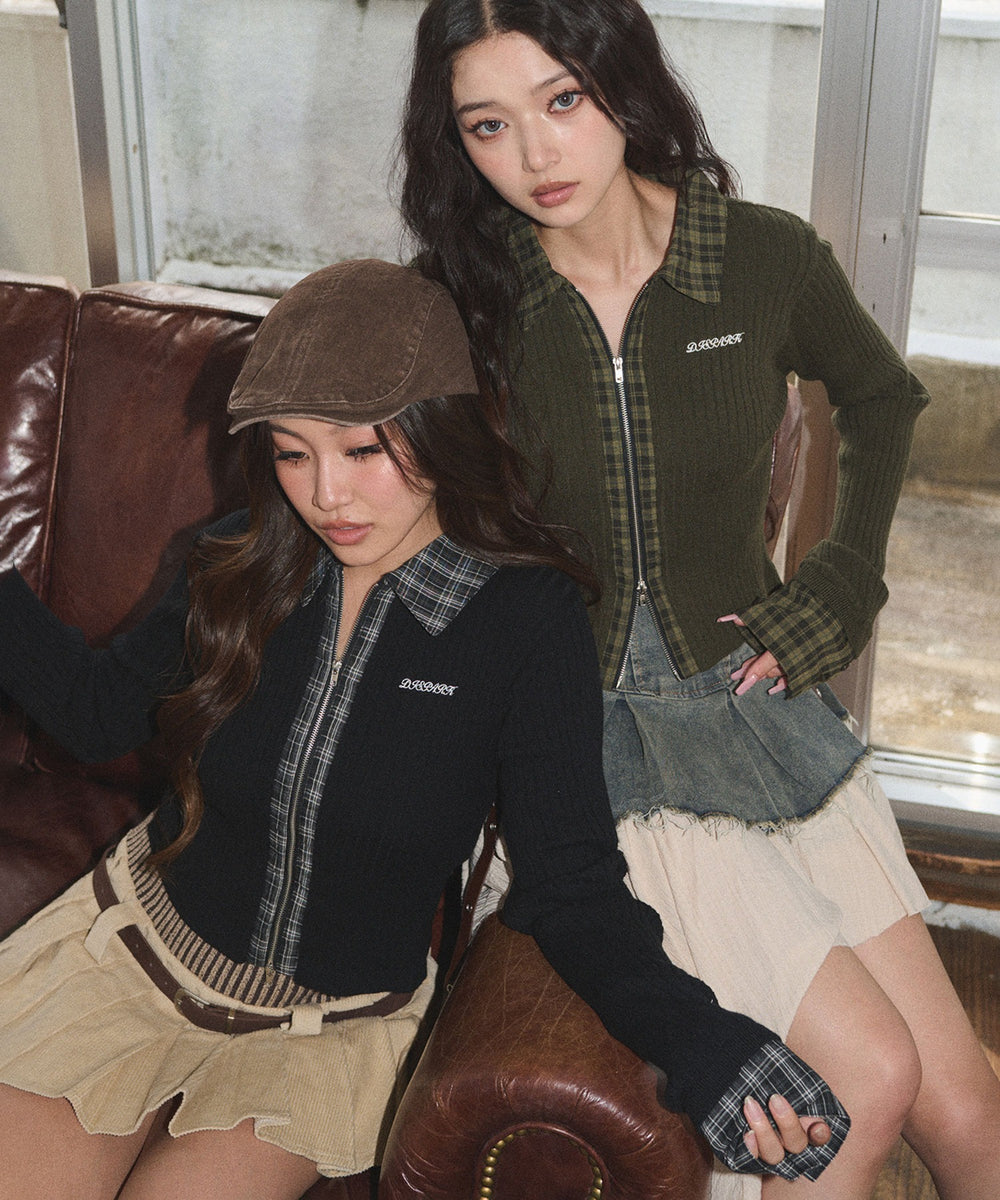 チェックドッキングWジップニット